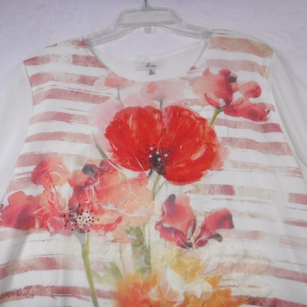 A~rtw Women XL White‎ Red Floral Poppy Stripe Rhinestone 3/4 Sleeve Blouse Top - Picture 5 of 12